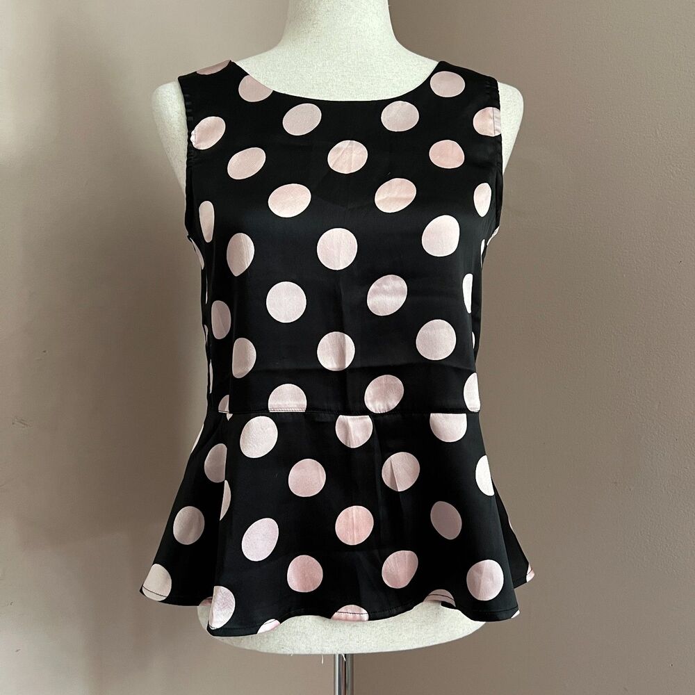Coquette Black Pink Polka Dot Peplum Tank Top Back‎ Bow Feminine Parisian Size S